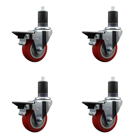 Service Caster 3.5'' Red Poly Swivel 1-5/8'' Expanding Stem Caster Set with Brake, 4PK SCC-EX20S3514-PPUB-RED-PLB-158-4